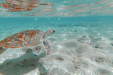 a sea turtle swims in the clear blue water over a sand bottom. side view facing right