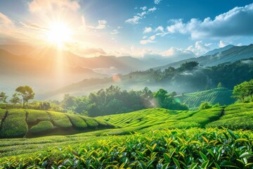 An evening scene at Maejan, a tourist attraction in Chiangrai province in Thailand, featuring a beautiful view of choui fong tea plantations with sunsets