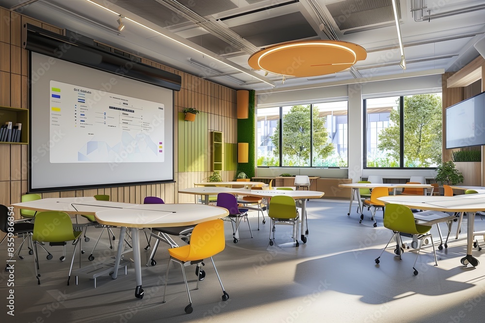 Aufkleber a contemporary classroom with interactive panels and ai assistants, fostering an engaging learning e