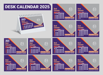 2025 desk calendar design. Set of 12 months. Monthly Desk Calendar 2025. 2025 calendar planner set for template corporate design week start on Monday.