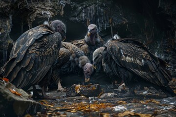 Fototapeta premium A small bunch of vultures having a meal