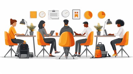 Office workers are sitting at desks, communicating with each other. Business Concept illustration. Editable flat graphic vector illustrations isolated on white background