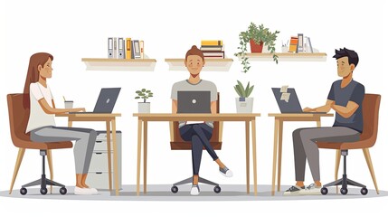 Office workers are sitting at desks, communicating with each other. Business Concept illustration. Editable flat graphic vector illustrations isolated on white background