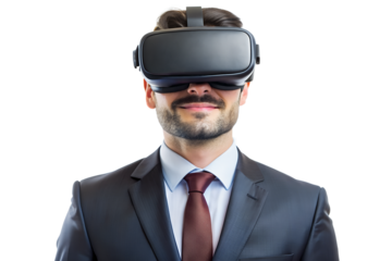 Businessman with a virtual reality 
headset isolated on a white background