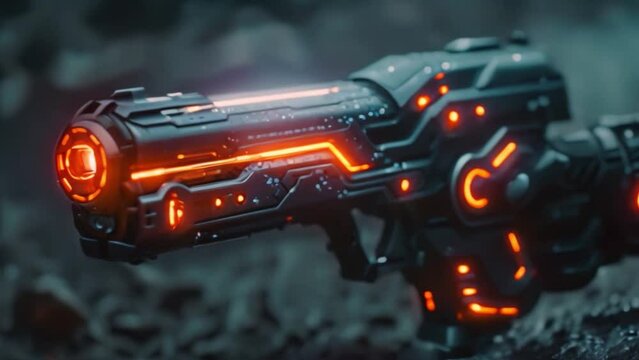 This close-up of a futuristic weapon with glowing orange lights and water droplets on the surface. Laser tag