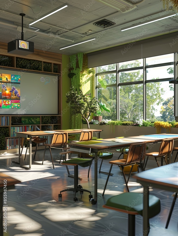 Fototapete A contemporary classroom featuring modern desks, interactive panels, and green spaces, creating an inviting and stimulating learning environment. Generative AI
