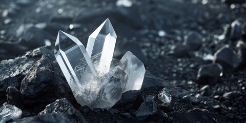 Obraz premium Close-up of clear crystals amidst dark rocky terrain, creating a striking and natural composition.