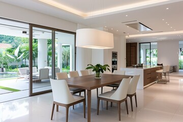 Fototapeta premium Modern open-concept dining area with wooden table and white chairs, spacious kitchen, and large sliding glass doors to a lush outdoor patio.