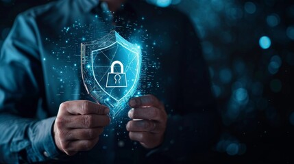 Protection network security computer and safe your data concept, businessman holding shield protect icon, lock symbol, concept of security, cybersecurity and protection
