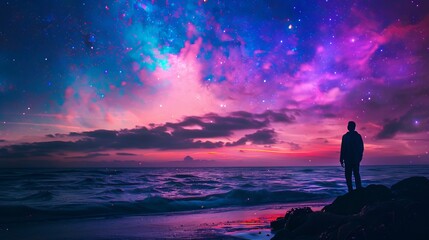 Obraz premium Starry night at the beach, neon hues and glowing constellations, blending science and magic, space view, spring vibes