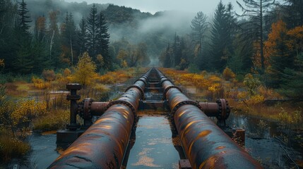 A stark symbol of man's industrial footprint, the rusty oil pipeline trespasses the heart of a wild reserve, disturbing the serenity of the landscape.