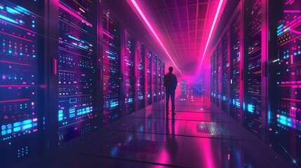 Internet business and digital technology in a network and data center, where an engineer works in a server room. Focus on data analytics, cybersecurity, and troubleshooting with a programmer.