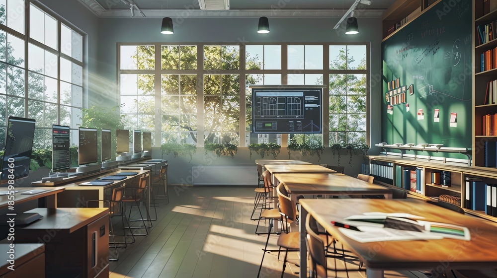 Poster a contemporary classroom with large windows, sunlight streaming in, interactive panels, and desks fo