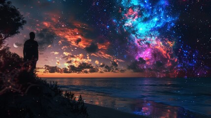 Obraz premium Starry science night, neon-infused beach scene, looking out into space, magical spring setting, vibrant and raw