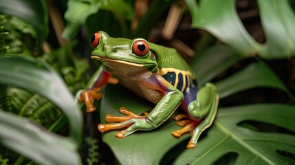 Fototapeta premium Vibrant red-eyed tree frog sitting on lush green leaves in a tropical rainforest setting.