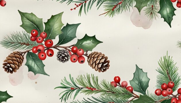 Pine and Holly Watercolor Illustration with Vintage Ornate Design - Powered by Adobe