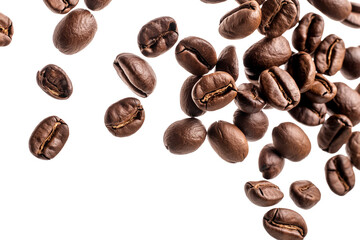 Obraz premium Coffee beans floating isolated on a white PNG transparent background. High-quality image of coffee beans in mid-air, perfect for design projects, advertisements, and creative uses