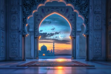 Fototapeta premium An Islamic Ramadan background with an open door leading to the interior of a mosque, a glowing moon and stars, framed by decorative arches.