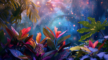 Tropical foliage plants with vivid colors and textures set against a dreamy, star-filled space background,