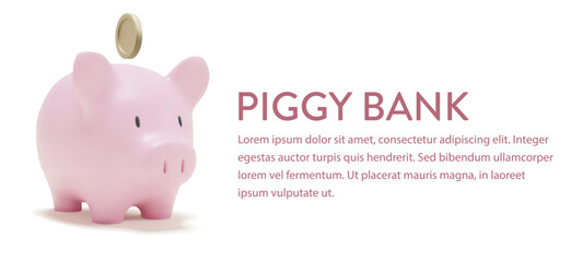 3D pink piggy bank with gold coin above it. savings concept