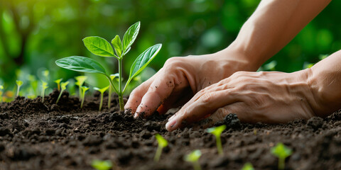 Farmer hands planting a growing sprout in the earth. Homemade products in organic farming. Business and ecology concept