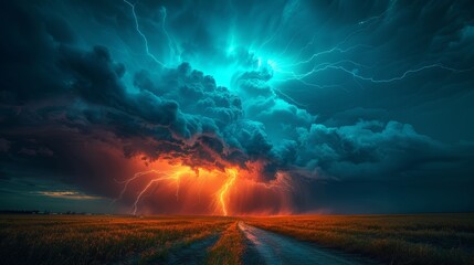 Lightning strikes dramatically on a road, creating a scene of danger and power