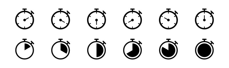 Stopwatch icon set. Line and glyph stopwatch timer. Countdown timer collection.