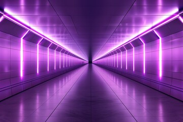Fototapeta premium Futuristic purple lit tunnel with reflective floor and modern design. Eerie, sci-fi ambiance in an endless corridor perspective.