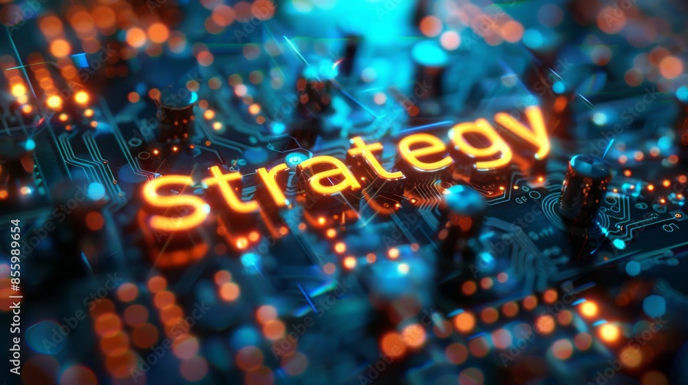 Poster strategy text illuminated on circuit board. business and technology concept