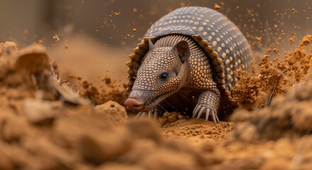 Fototapeta premium Close-up of an armadillo digging through red soil in a desert environment, showcasing its tough armor and keen claws.