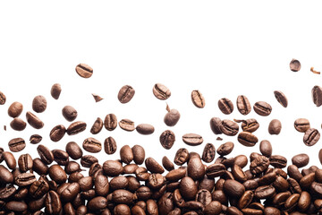 Coffee beans floating isolated on a white PNG transparent background. High-quality image of coffee beans in mid-air, perfect for design projects, advertisements, and creative uses