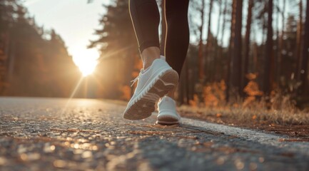A woman is running on the road with forest and sunrise on background. Healthy lifestyle