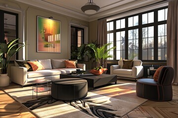 Fototapeta premium A modern living room with stylish decor and furniture, featuring a comfortable sofa, a large window, a rug, and a coffee table. Generative AI