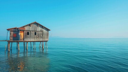 Vivid wooden fishing cabins elevated over the sea on stilts, clear blue sky backdrop, raw and dynamic scene