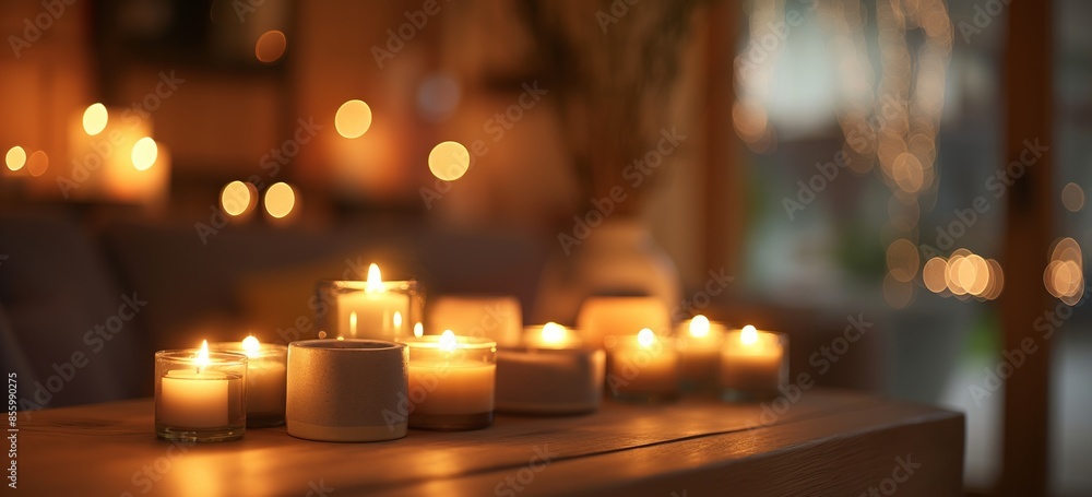 Poster an array of candles on a long table with a festive bokeh background in a homely setting