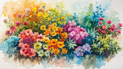 A watercolor painting of a garden of flowers.