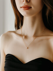 A girl wearing a pearl necklace with a small gold charm pendant, in a black strapless dress, closeup of her neck and shoulders, on a white background, Thin gold necklace jewelry with gold pendant 