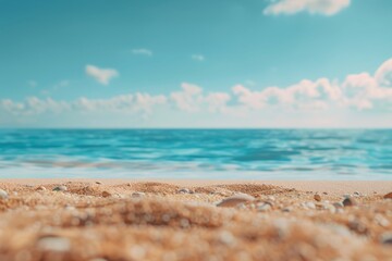 An idyllic yellow sandy beach and summer sea with a blue sky in the background