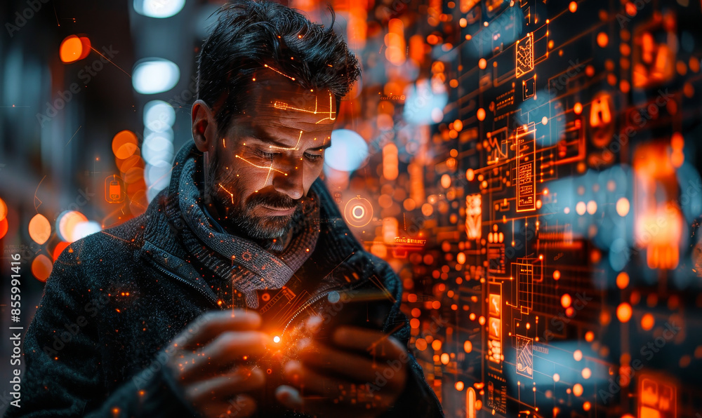 Poster young businessman using smartphone with fingerprint biometric security for digital banking, data enc
