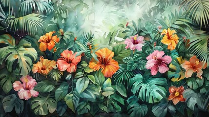 Fototapeta premium A watercolor painting of a tropical garden with lush foliage and colorful hibiscus flowers.