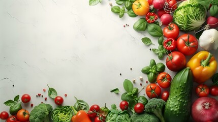 Fresh assortment of various colorful vegetables on a light marble background, perfect for healthy...