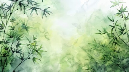 A watercolor painting of bamboo leaves in a forest with a white background.