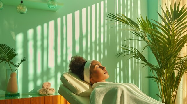 Woman lying down with eyes closed, enjoying relaxation in a green-themed spa environment with distinct shadows