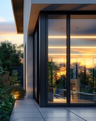 A modern house with black windows and white tiles, view of the terrace at sunset, interior...