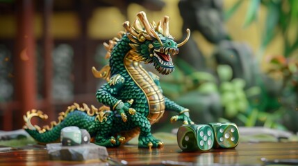 Fototapeta premium Majestic Green Dragon with Dice, Generative AI