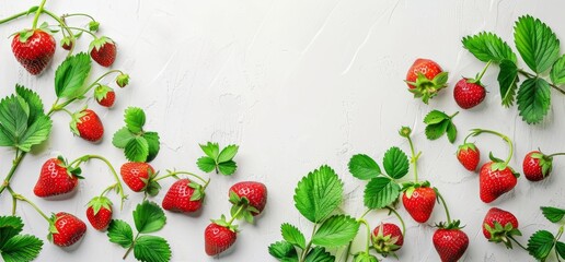 montage of strawberry plants with red strawberries on a white background and clipping path for strawberry plants and wood flooring