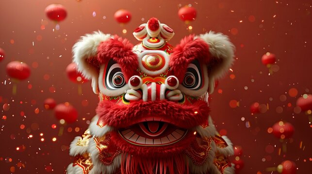 Vibrant Chinese lion dance costume against a festive backdrop of red lanterns and floating confetti.