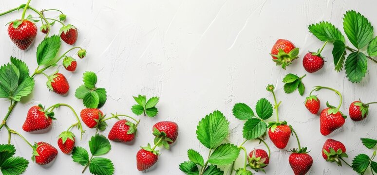 montage of strawberry plants with red strawberries on a white background and clipping path for strawberry plants and wood flooring