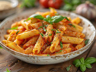 classic Italian macaroni with zesty tomato sauce in a handcrafted ceramic dish, seasoned with fresh basil and black pepper