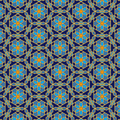 Colorful seamless geometric pattern with traditional arabic linear. Versatile design for various creative projects, suitable for Islamic decorative arts, tiles, textiles, backdrops, wallpapers, etc.